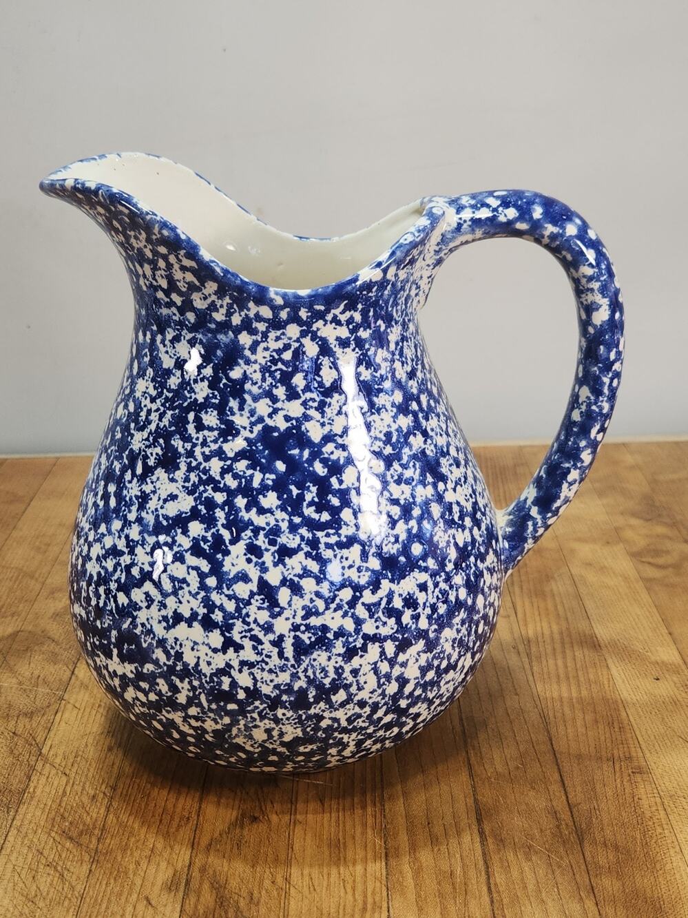 Vintage Country Living Blue Spongeware Stoneware Pitcher 9" Farmhouse